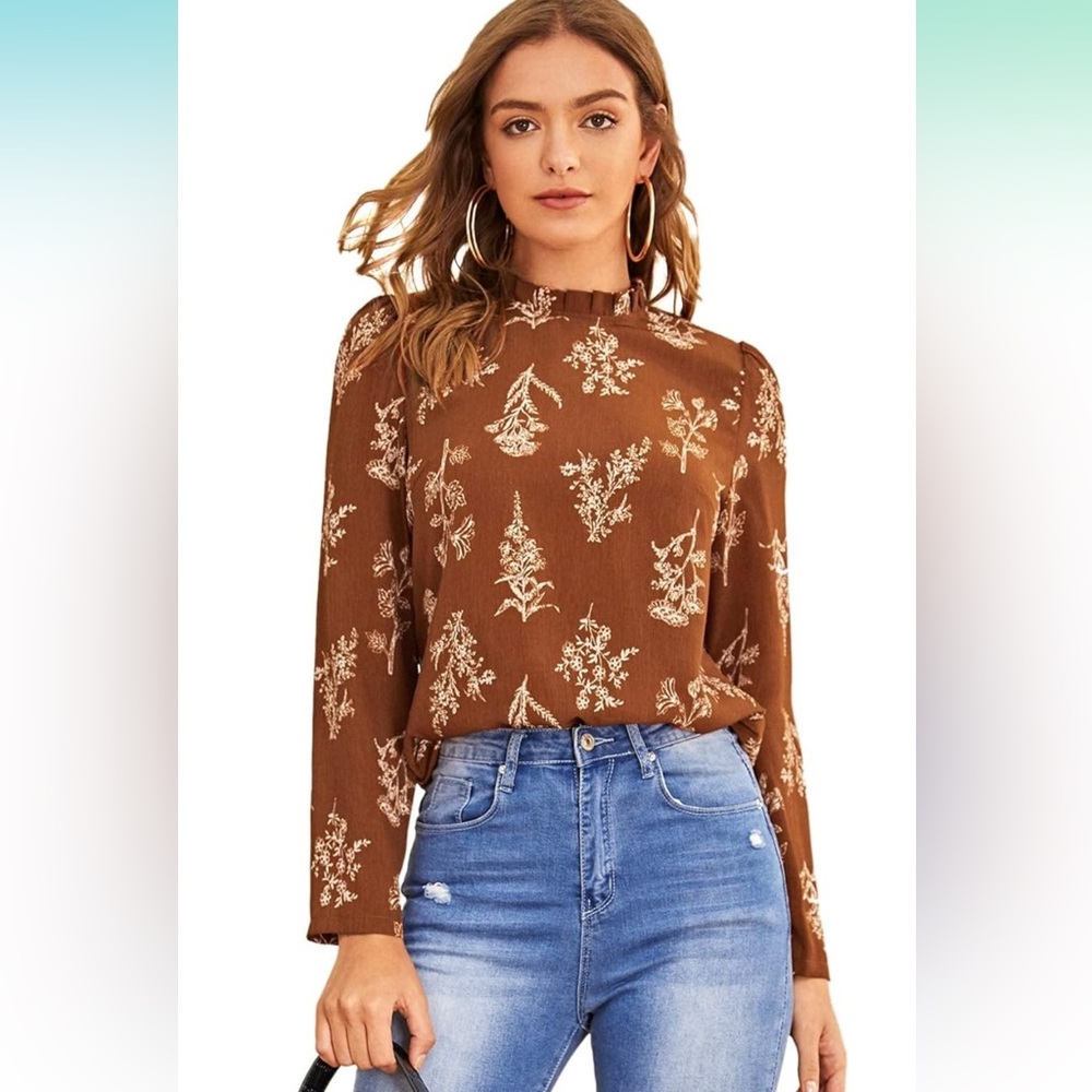 Floerns Floral Print Long Sleeve High Neck Georgette Chiffon Blouse Mocha